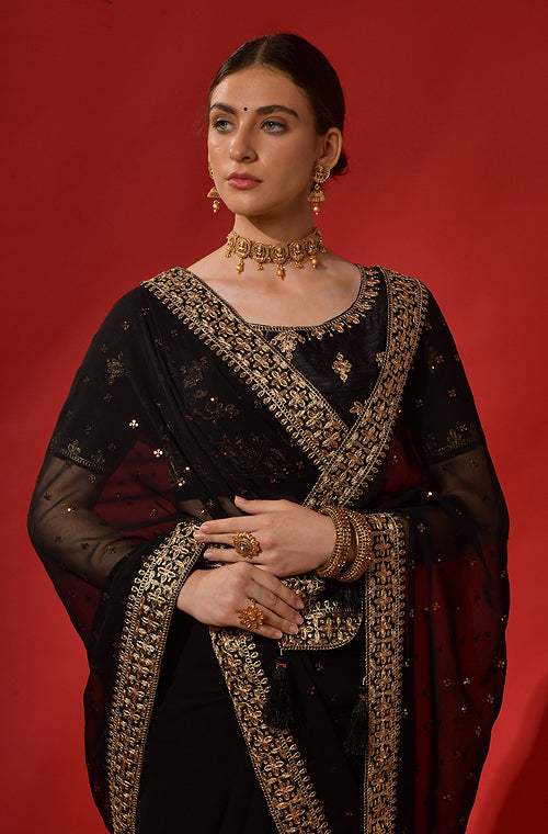 Black Designer Embroidered Georgette Wedding Saree-Saira's Boutique