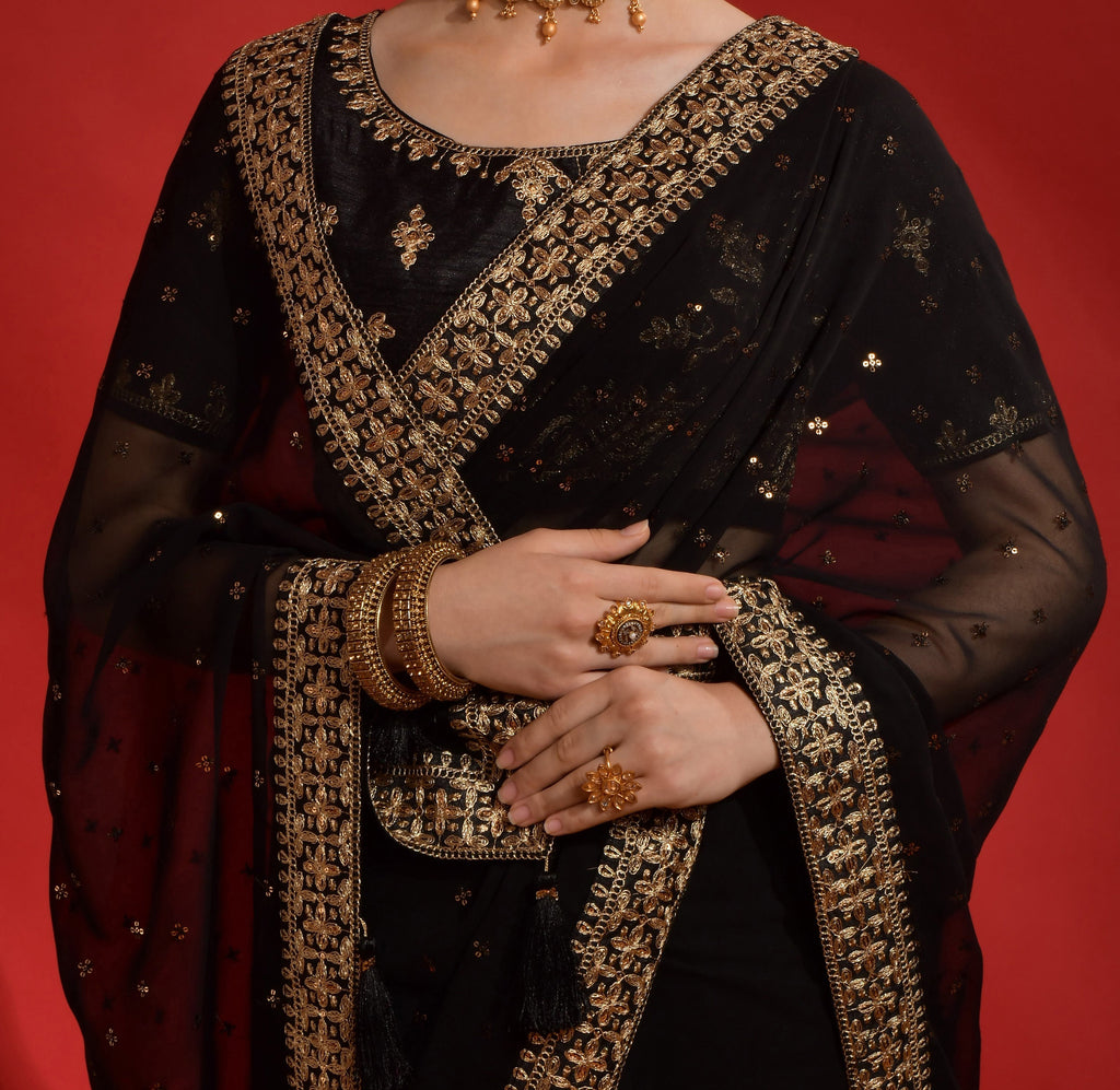 Black Designer Embroidered Georgette Wedding Saree-Saira's Boutique