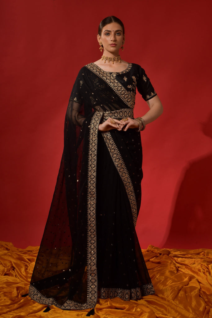 Black Designer Embroidered Georgette Wedding Saree-Saira's Boutique