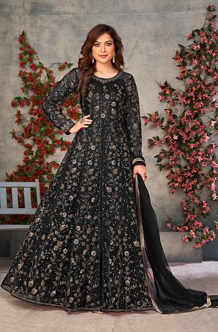 Palm Green Designer Embroidered Floor Length Silk Anarkali Suit