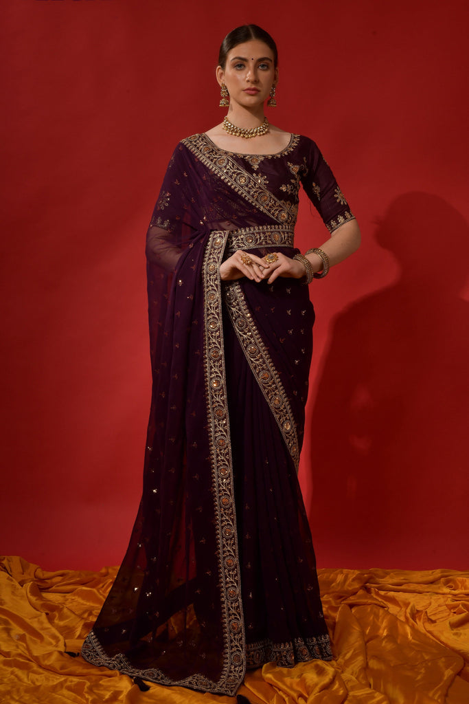 Blackberry Purple Designer Embroidered Georgette Wedding Saree-Saira's Boutique