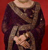Blackberry Purple Designer Embroidered Georgette Wedding Saree-Saira's Boutique