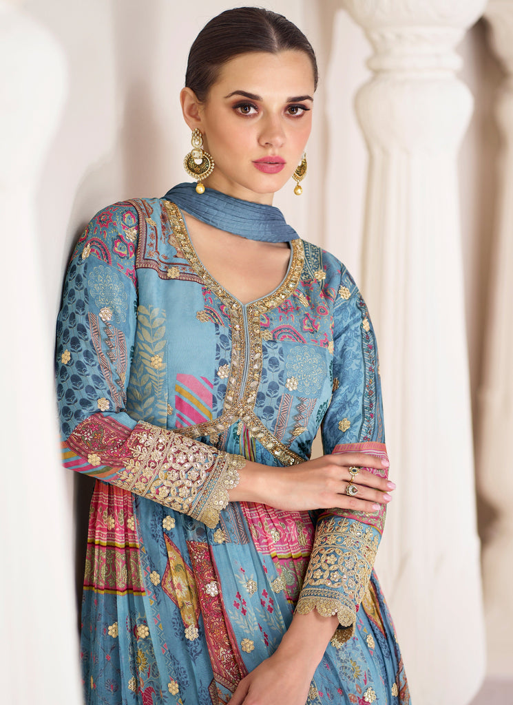 Blue Designer Embroidered Party Wear Anarkali Suit-Saira's Boutique