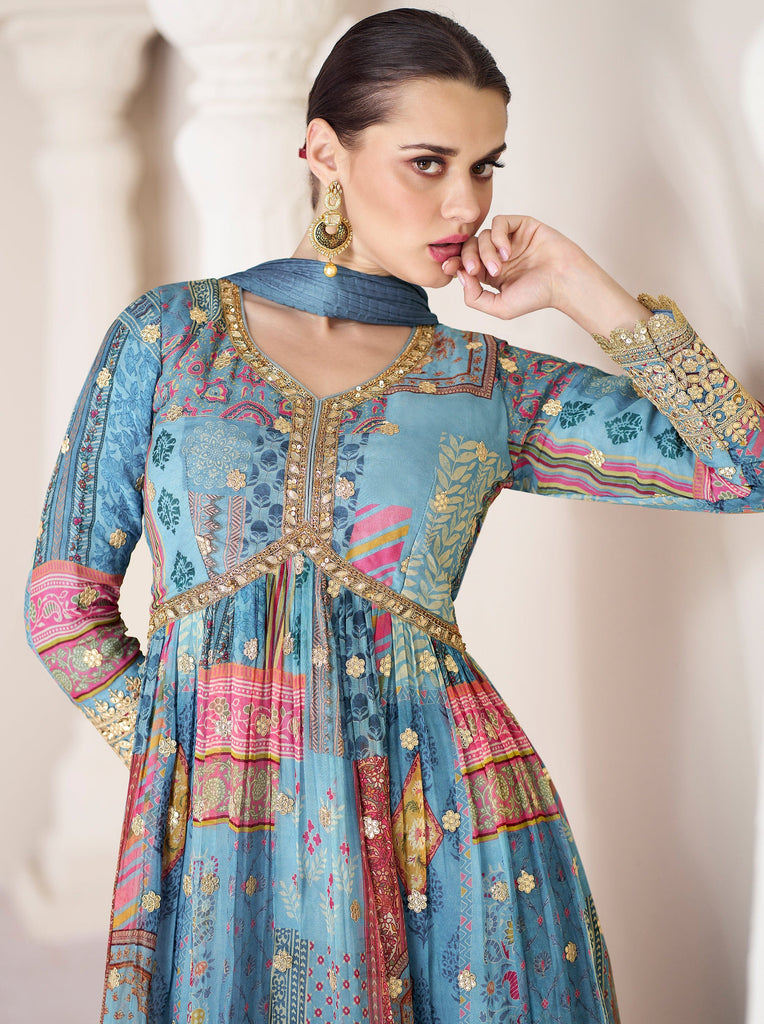 Blue Designer Embroidered Party Wear Anarkali Suit-Saira's Boutique