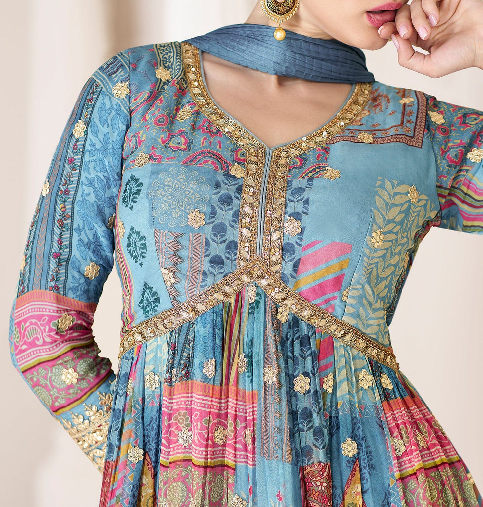 Blue Designer Embroidered Party Wear Anarkali Suit-Saira's Boutique