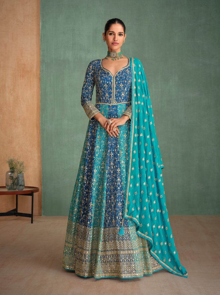 Blue Designer Heavy Work Premium Georgette Wedding Gown-Saira's Boutique