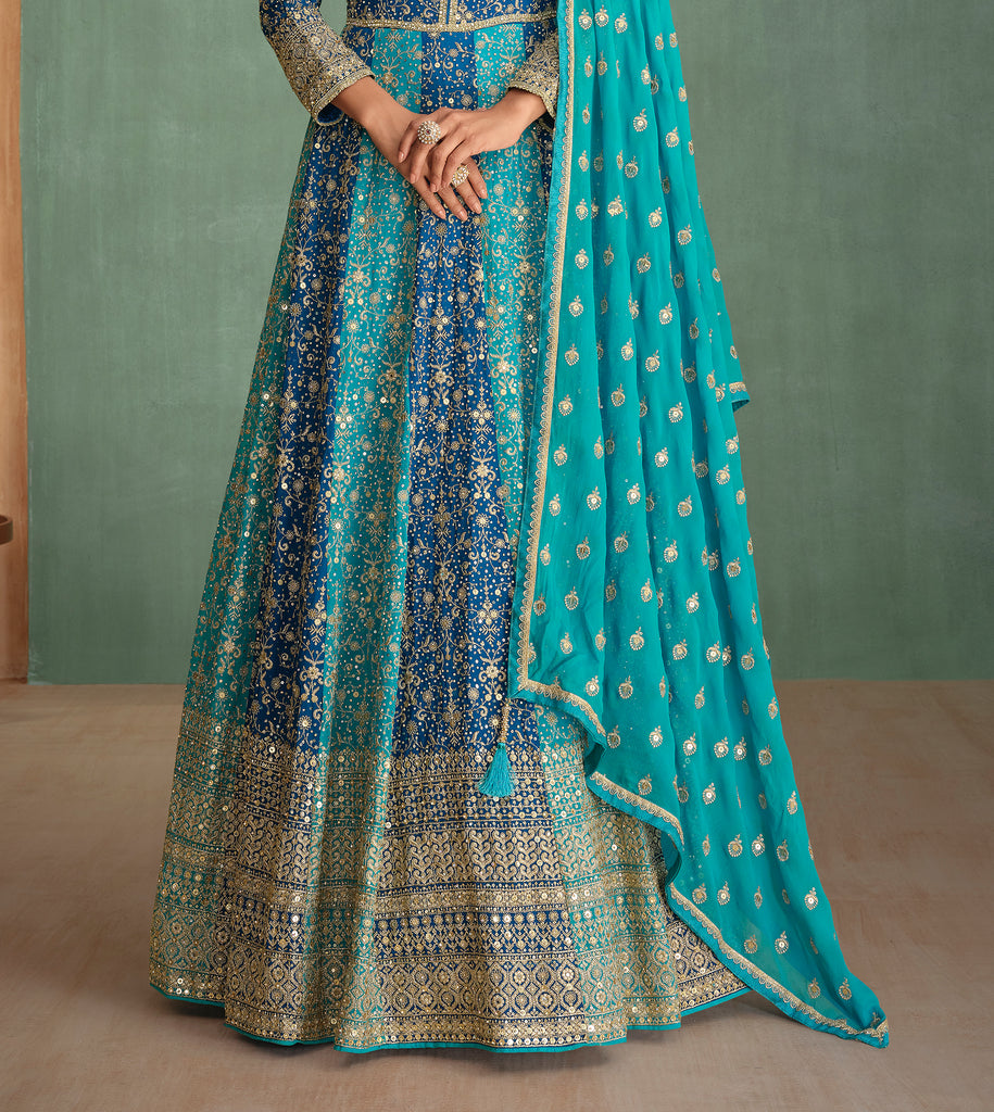 Blue Designer Heavy Work Premium Georgette Wedding Gown-Saira's Boutique