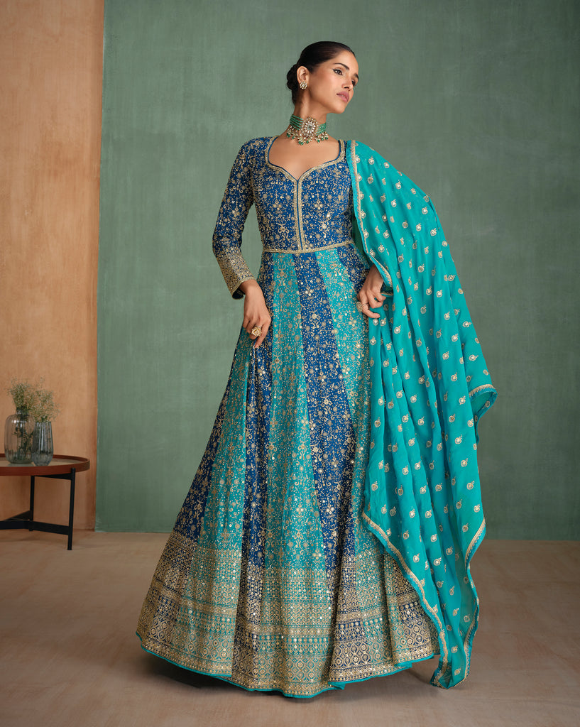 Blue Designer Heavy Work Premium Georgette Wedding Gown-Saira's Boutique