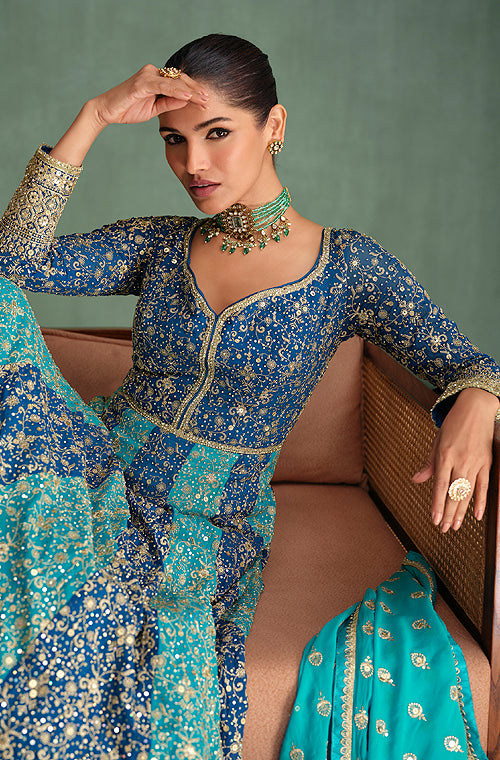 Blue Designer Heavy Work Premium Georgette Wedding Gown-Saira's Boutique