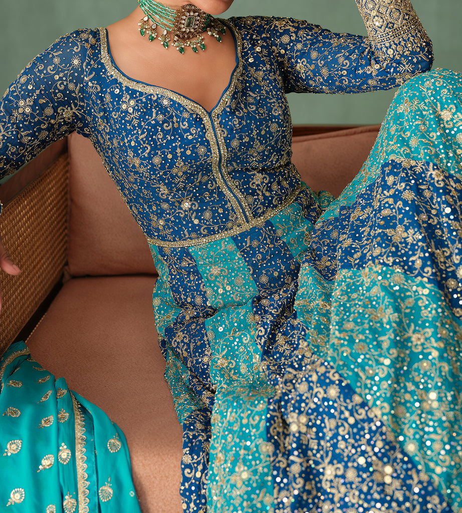 Blue Designer Heavy Work Premium Georgette Wedding Gown-Saira's Boutique