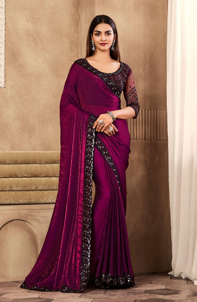 Burgundy Wine Designer Embroidered Silk Wedding Party Wear Saree-Saira's Boutique