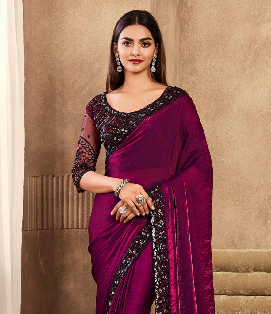 Burgundy Wine Designer Embroidered Silk Wedding Party Wear Saree-Saira's Boutique