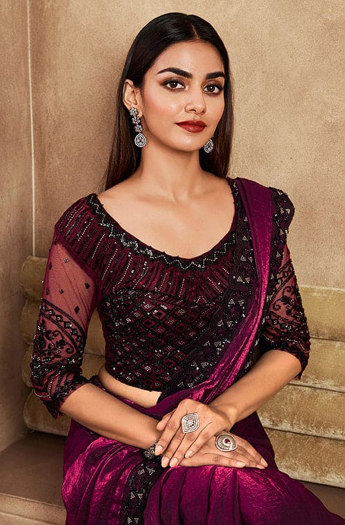 Burgundy Wine Designer Embroidered Silk Wedding Party Wear Saree-Saira's Boutique