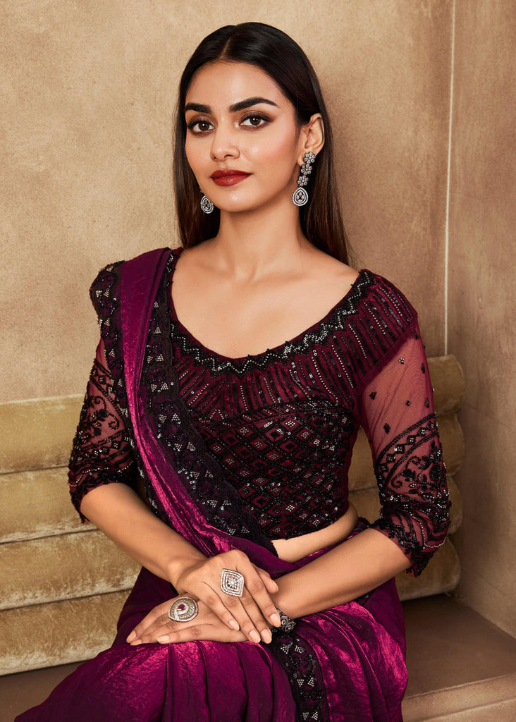 Burgundy Wine Designer Embroidered Silk Wedding Party Wear Saree-Saira's Boutique