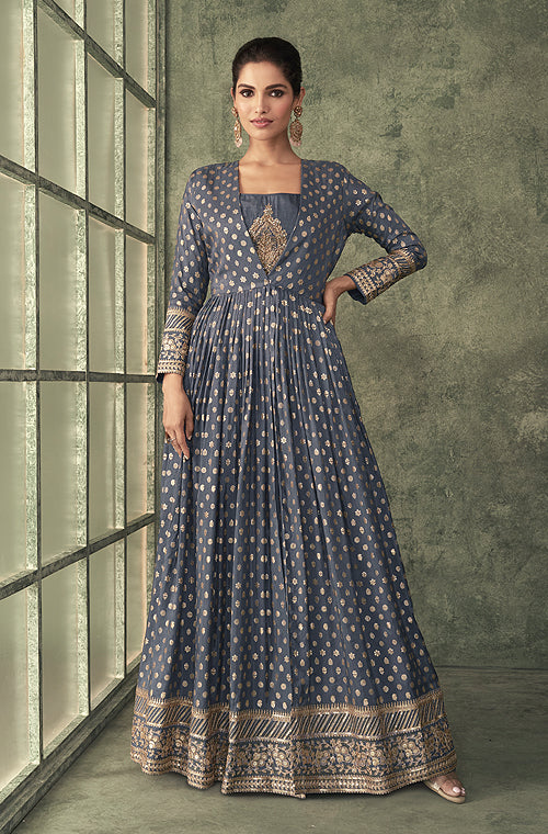 Vamika Elegant Designer Silk Embroidery Gown With Dupatta Catalaog