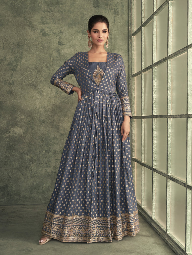 Buy Dark Grey Vasansi Silk Printed Anarkali Gown Online – Vasansi Jaipur