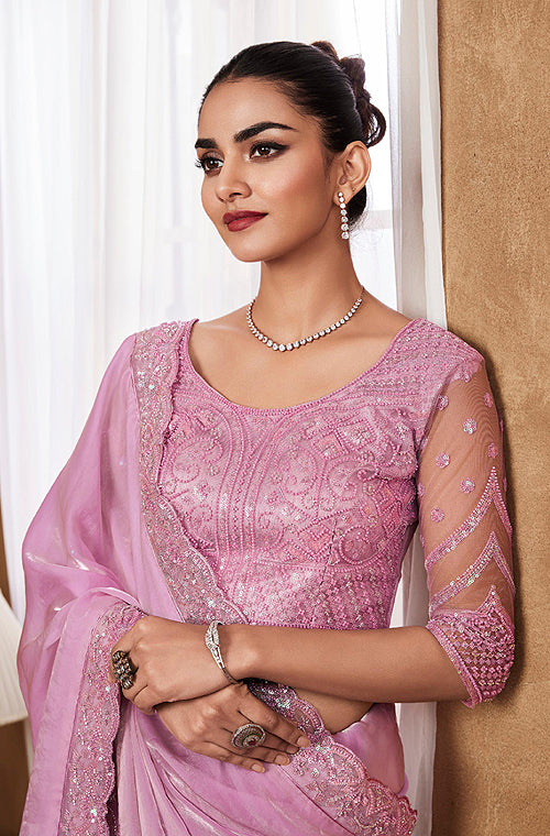 Charm Pink Designer Embroidered Silk Wedding Party Wear Saree
