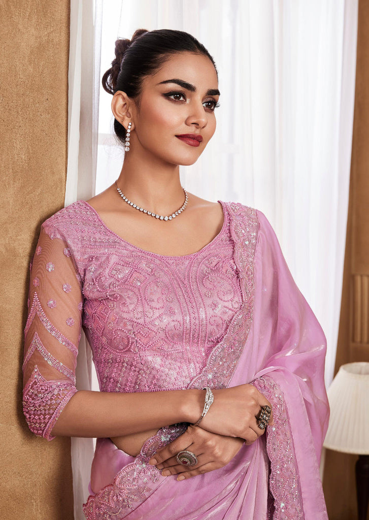Charm Pink Designer Embroidered Silk Wedding Party Wear Saree-Saira's Boutique