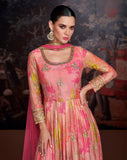 Coral Pink Designer Embroidered Pure Georgette Pant Style Anarkali Gown-Saira's Boutique