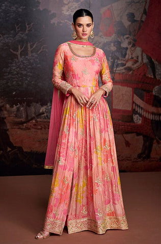 Dark Salmon Pink Designer Embroidered Satin Anarkali Gown
