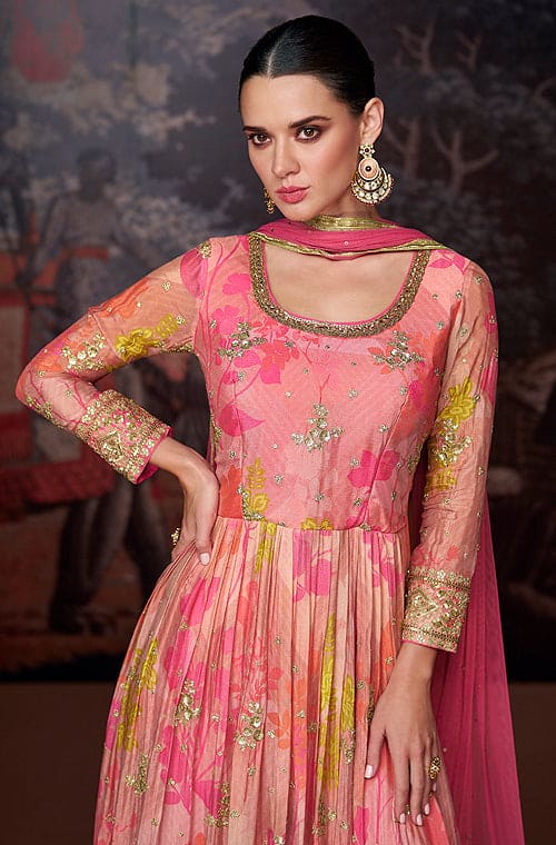 Coral Pink Designer Embroidered Pure Georgette Pant Style Anarkali Gown-Saira's Boutique