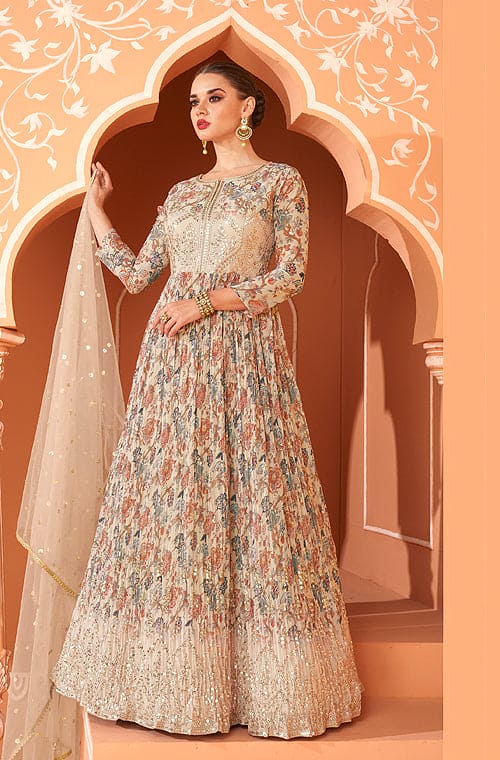 Buy Anarkali USA - Cream Beige Multi Embroidered Wedding Anarkali Suit