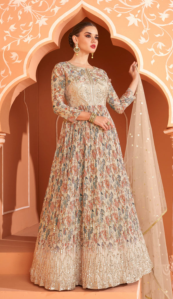 Cream Beige Anarkali Gown  Floral Print Embroidered Party Wear