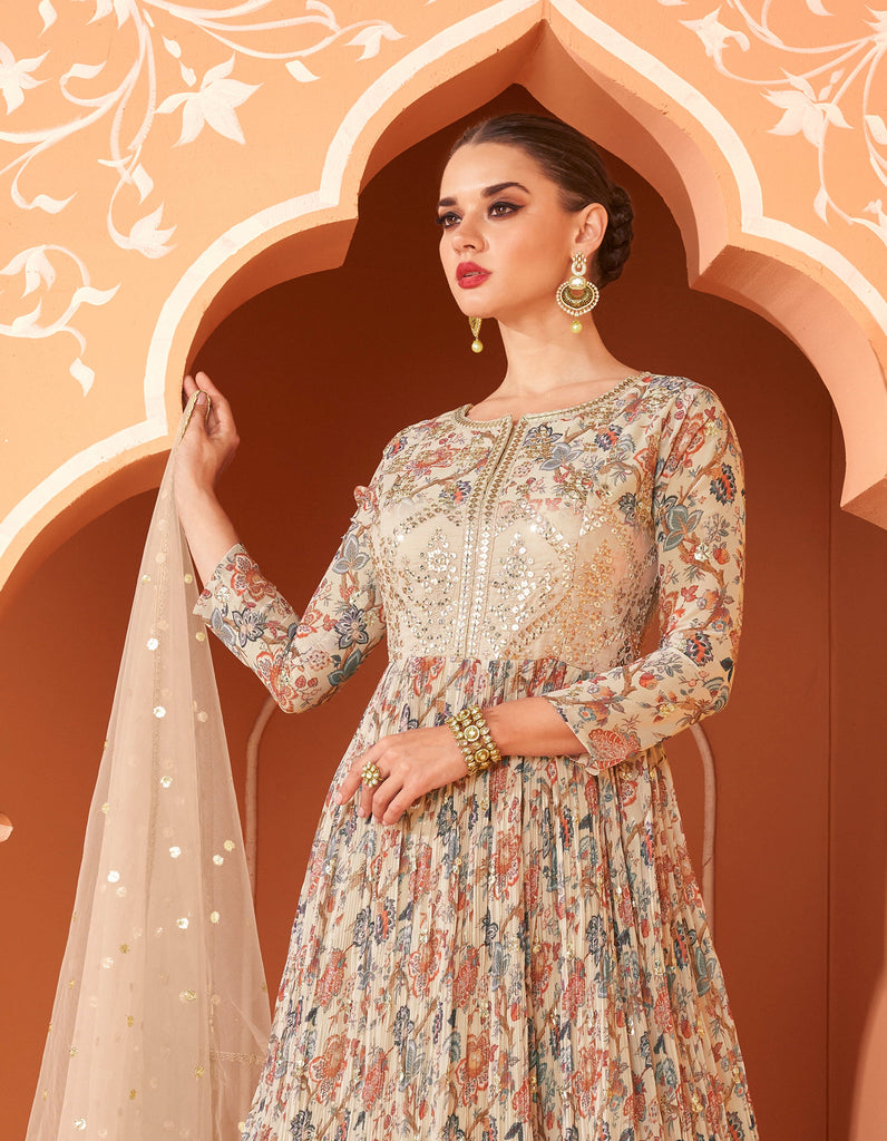 Cream Beige Designer Embroidered Georgette Floral Print Anarkali Gown-Saira's Boutique