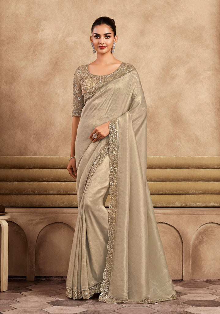 Cream Beige Designer Embroidered Silk Wedding Party Wear Saree-Saira's Boutique