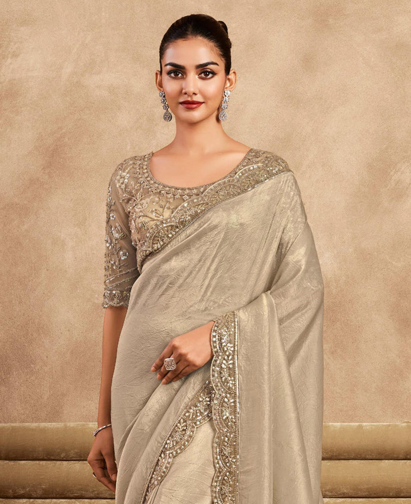 Cream Beige Designer Embroidered Silk Wedding Party Wear Saree-Saira's Boutique