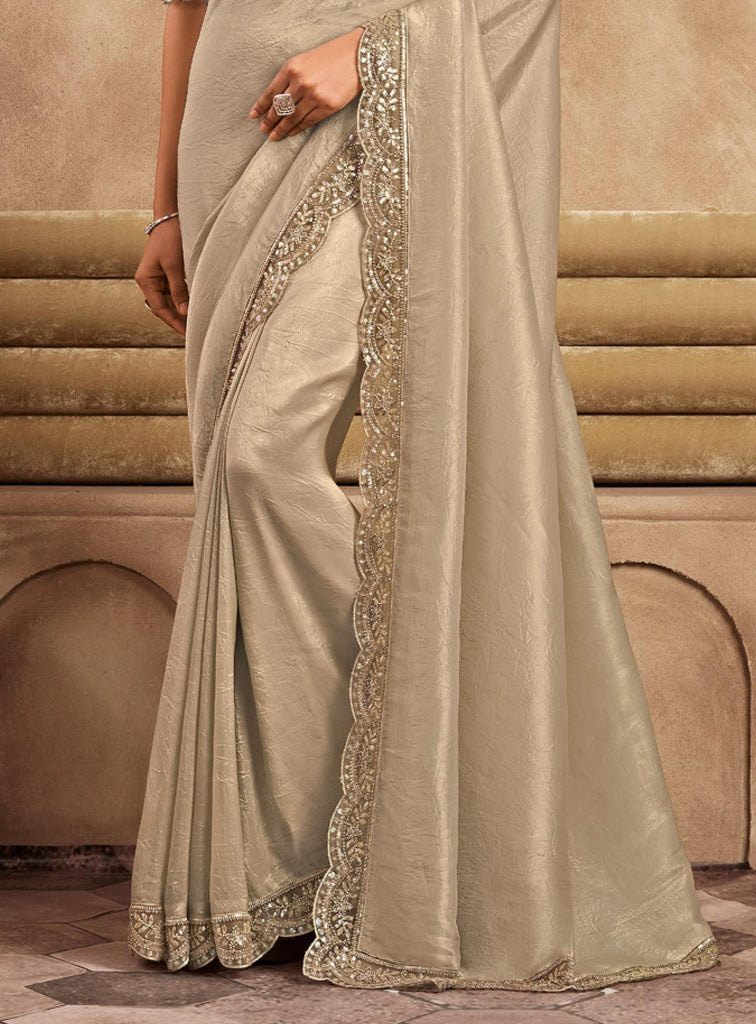 Cream Beige Designer Embroidered Silk Wedding Party Wear Saree-Saira's Boutique