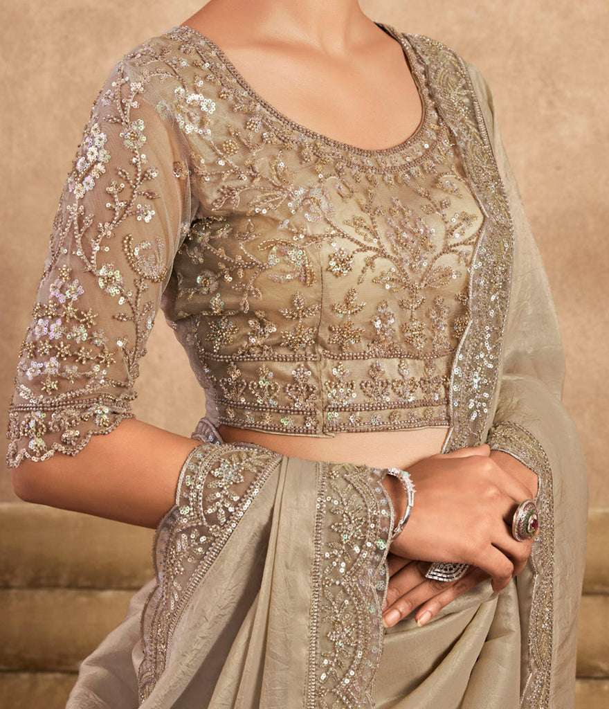 Cream Beige Designer Embroidered Silk Wedding Party Wear Saree-Saira's Boutique