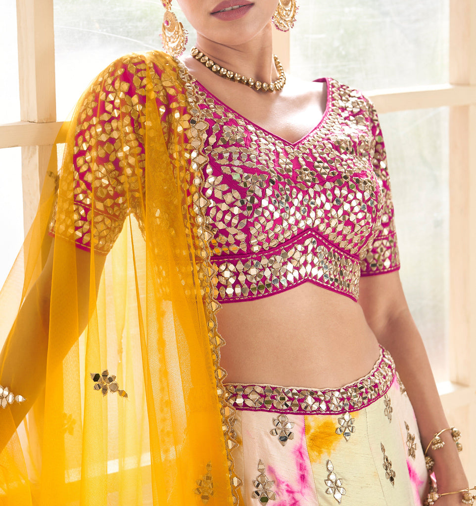 Cream Yellow & Magenta Designer Embroidered Silk Wedding Lehenga-Saira's Boutique