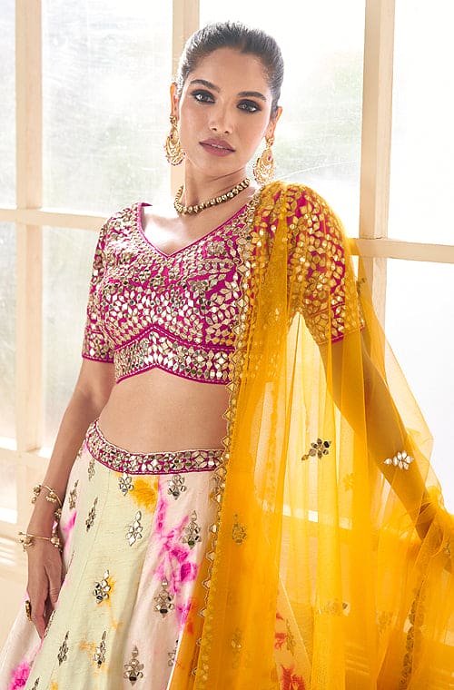 Cream Yellow & Magenta Designer Embroidered Silk Wedding Lehenga-Saira's Boutique