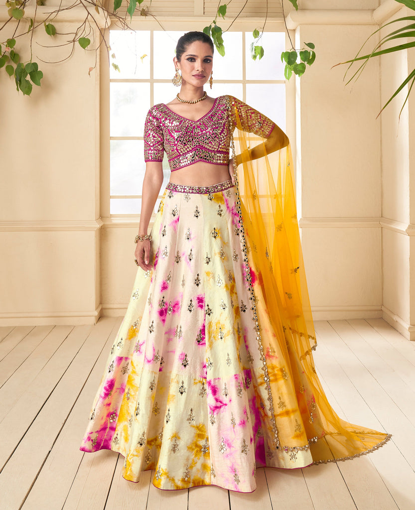 Cream Yellow & Magenta Designer Embroidered Silk Wedding Lehenga-Saira's Boutique