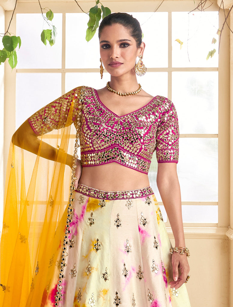 Cream Yellow & Magenta Designer Embroidered Silk Wedding Lehenga-Saira's Boutique