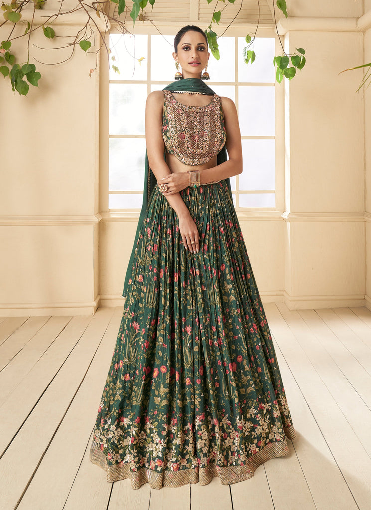 Dark Green Designer Embroidered Pure Georgette Wedding Lehenga-Saira's Boutique