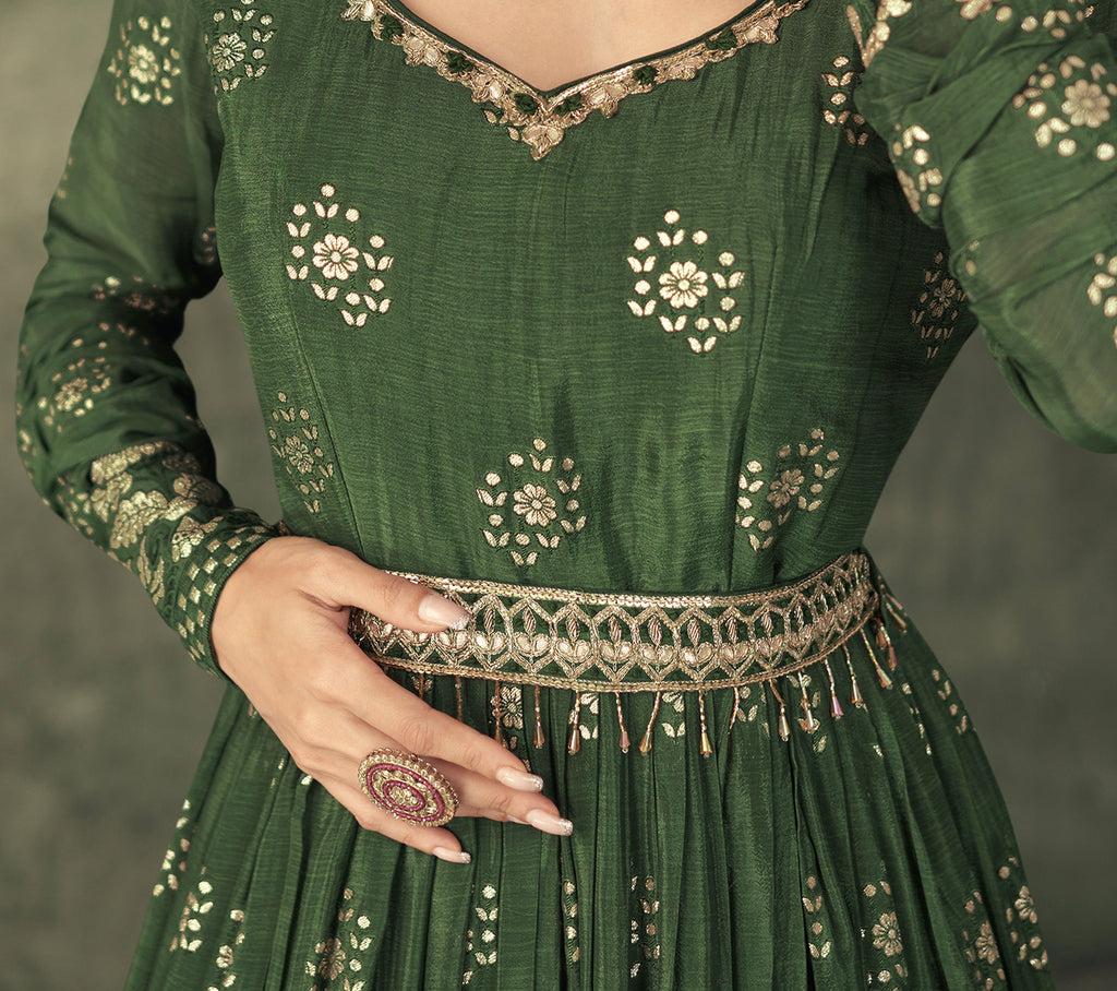 Dark Mehendi Green Designer Embroidered Viscose Silk Anarkali Suit-Saira's Boutique