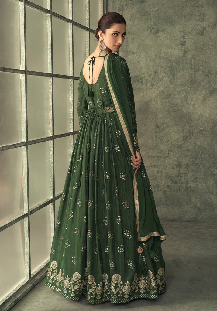 Dark Mehendi Green Designer Embroidered Viscose Silk Anarkali Suit-Saira's Boutique