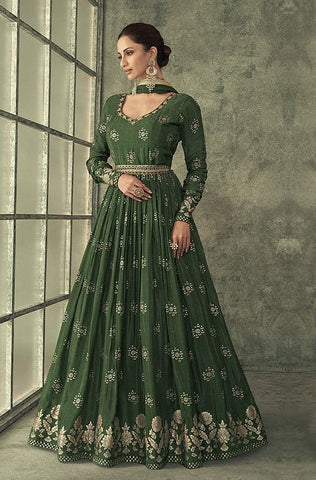 Olive Green Designer Embroidered Silk Party Wear Palazzo Suit