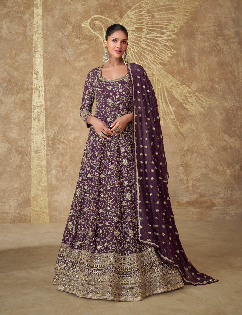 Dark Wine Designer Heavy Embroidered Georgette Wedding Anarkali Gown-Saira's Boutique
