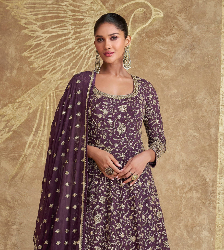 Dark Wine Designer Heavy Embroidered Georgette Wedding Anarkali Gown-Saira's Boutique