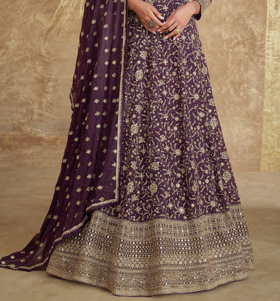 Dark Wine Designer Heavy Embroidered Georgette Wedding Anarkali Gown-Saira's Boutique