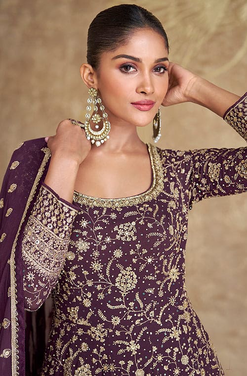 Dark Wine Designer Heavy Embroidered Georgette Wedding Anarkali Gown-Saira's Boutique