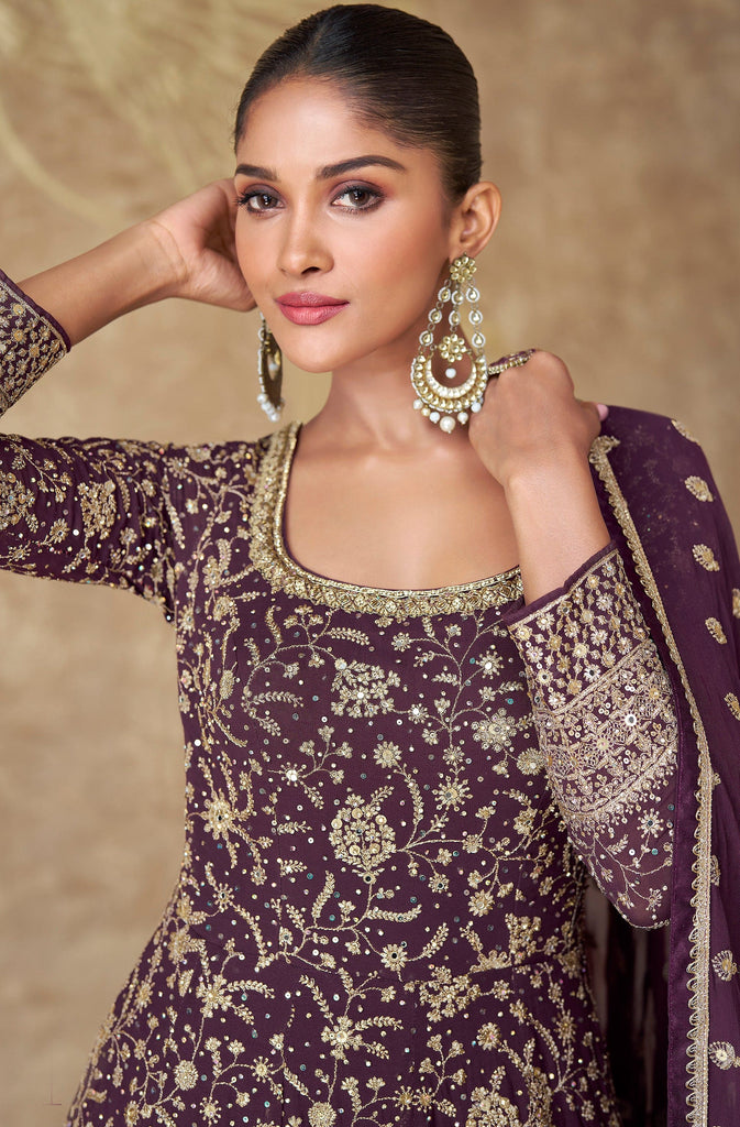 Dark Wine Designer Heavy Embroidered Georgette Wedding Anarkali Gown-Saira's Boutique