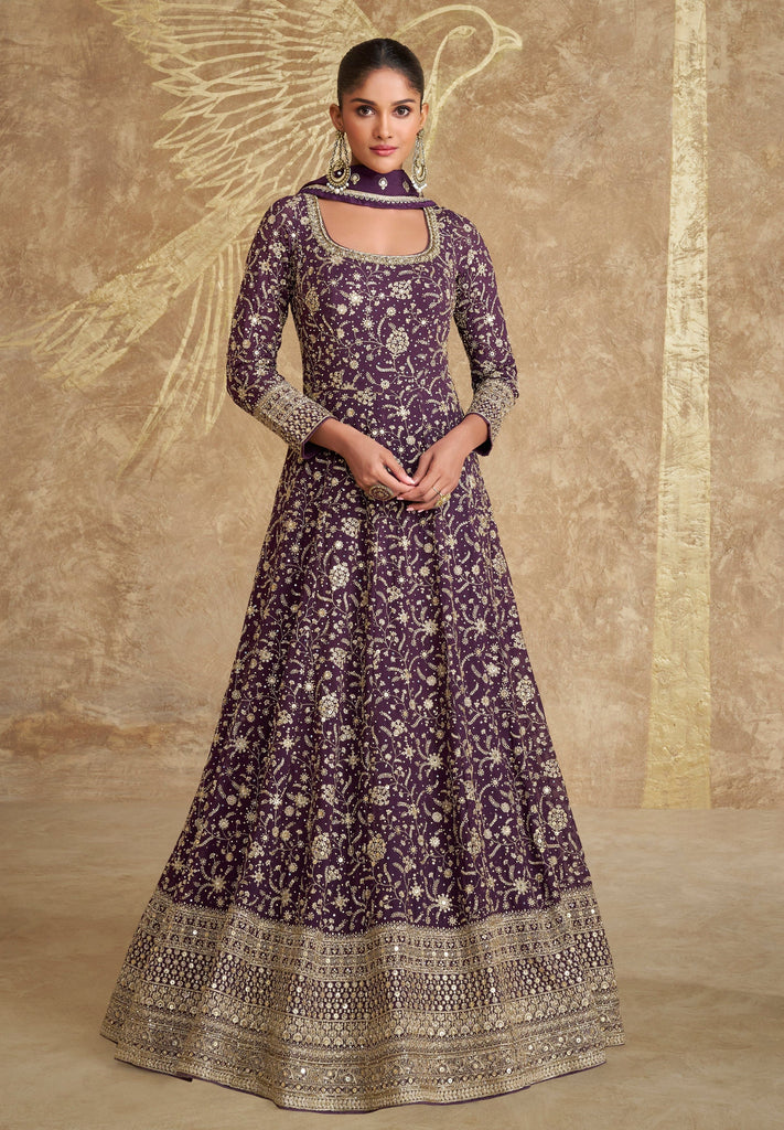 Dark Wine Designer Heavy Embroidered Georgette Wedding Anarkali Gown-Saira's Boutique