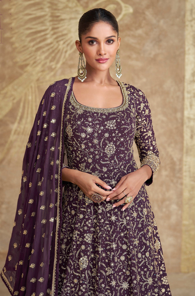 Dark Wine Designer Heavy Embroidered Georgette Wedding Anarkali Gown-Saira's Boutique