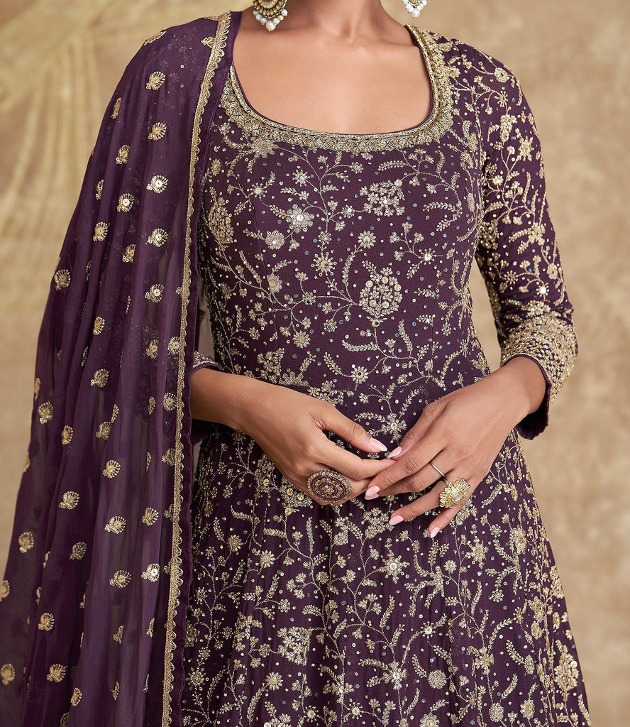 Dark Wine Designer Heavy Embroidered Georgette Wedding Anarkali Gown-Saira's Boutique