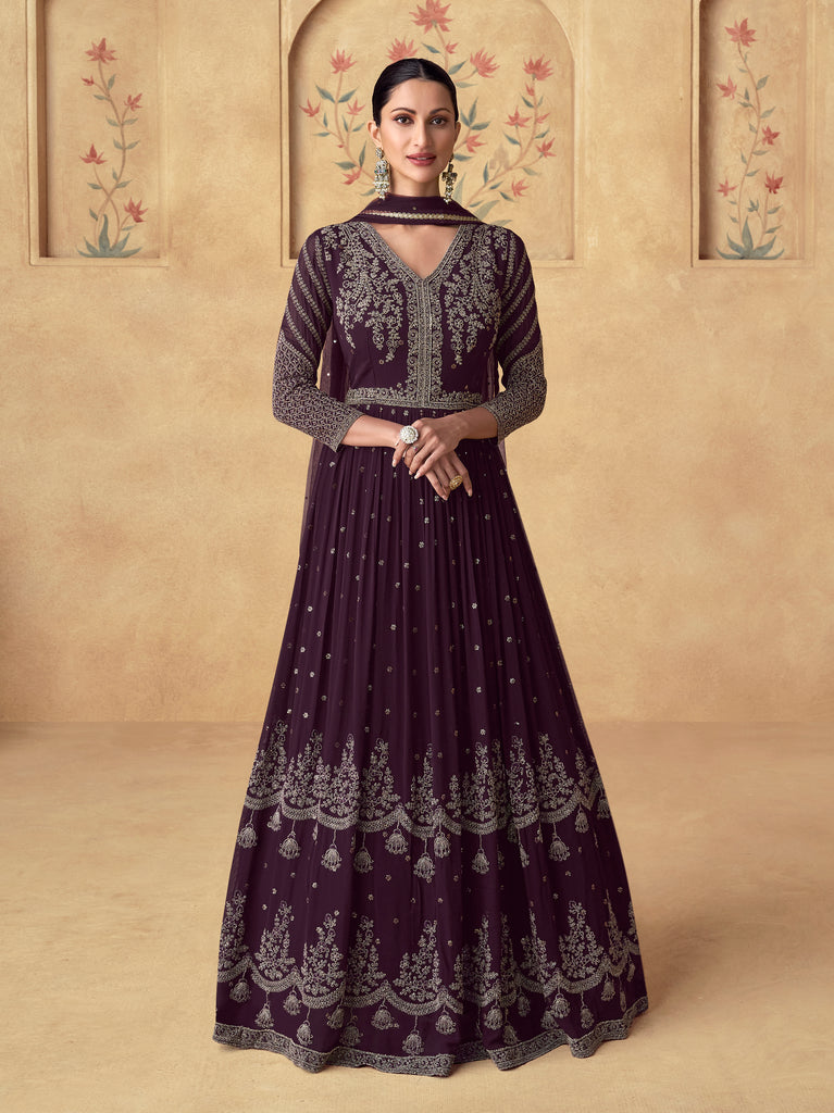 Dark Wine Designer Heavy Embroidered Wedding Anarkali-Saira's Boutique