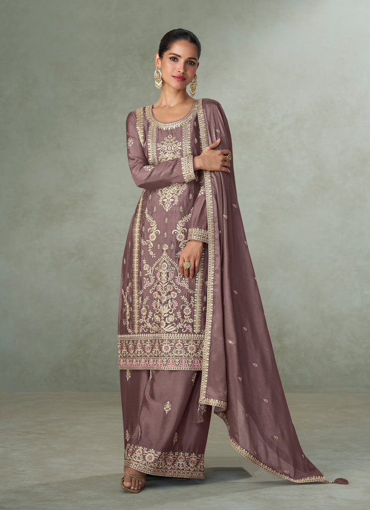 Deep Mauve Designer Embroidered Chinon Silk Party Wear Palazzo Suit